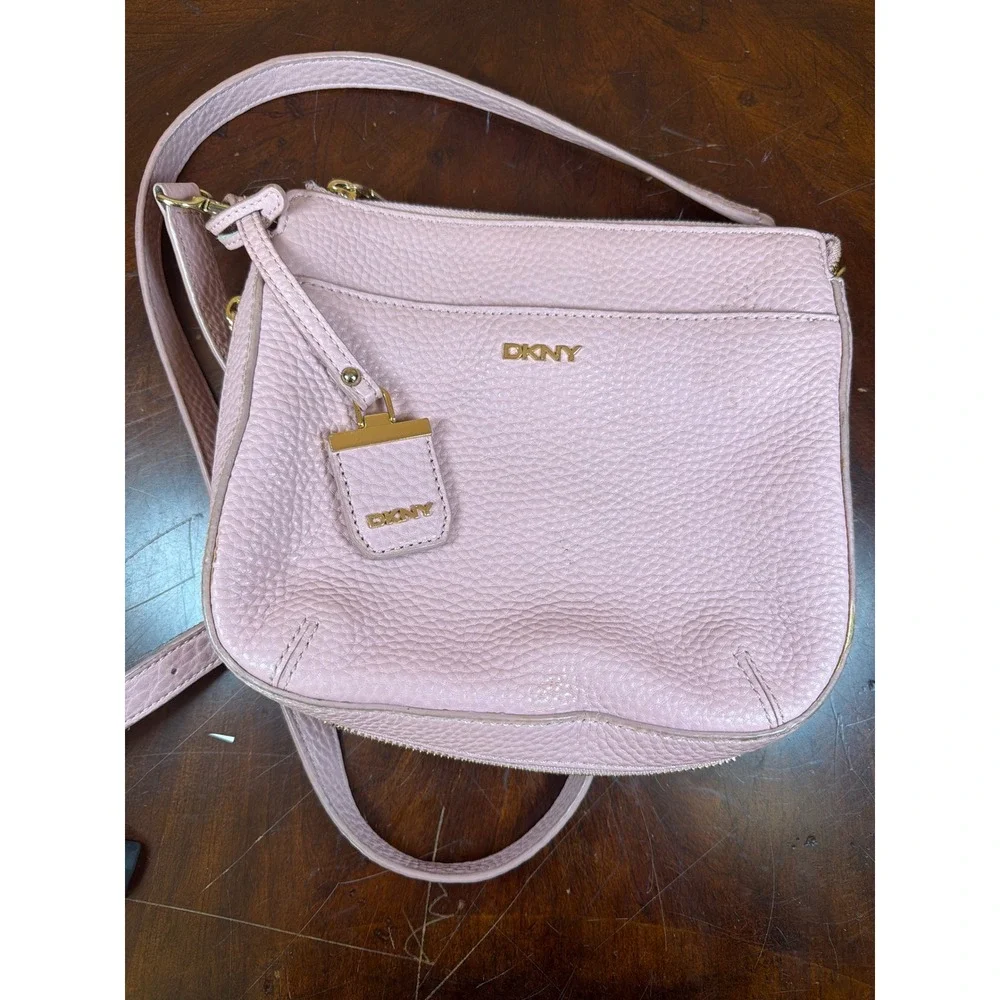 DKNY Pink Pebbled Leather Crossbody Bag Multi Zip Shoulder Purse Gold Hardware‎